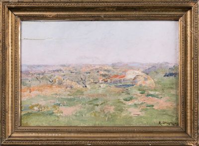 l'image d'un tableau représentant un paysage avec une maison au loin