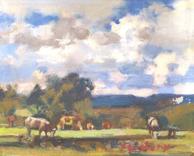 un tableau représentant un groupe de chevaux paissant dans un champ