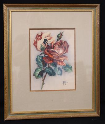 a painting of a rose in a gold frame on a black background