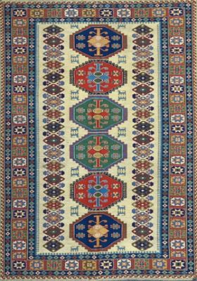 a rug with a multicolored design on a white background
