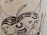 someone is holding a book with a drawing of a woman and a cat