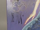 purple and blue abstract painting of a woman ' s legs with the word think written on it
