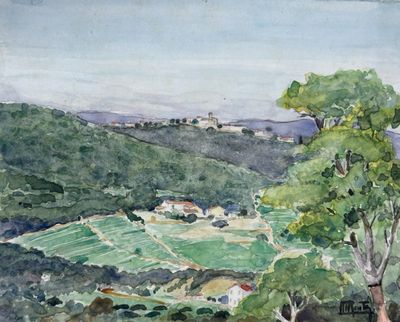 aquarelle représentant une vue d'une ferme dans une vallée