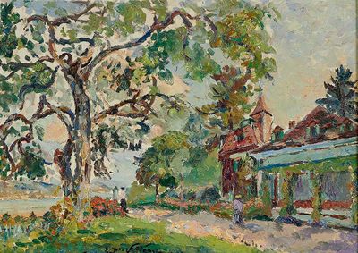 une peinture à l'huile représentant un grand arbre devant une maison