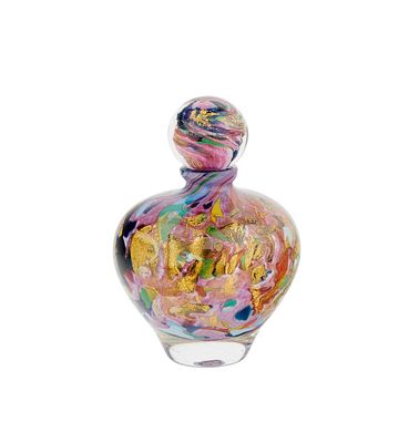 a glass bottle that has a colorful design on it