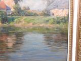 a painting of a river with houses in the background
