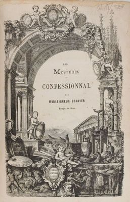 un vieux livre sur lequel figure l'image d'un homme et d'une femme assis devant un bâtiment