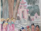 a painting of a group of women sitting on a bench