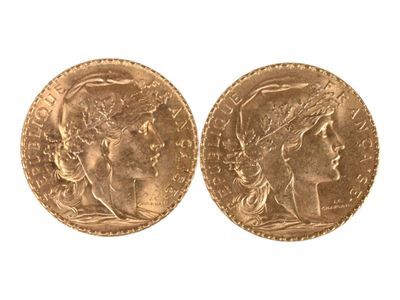 Deux pièces de vingt francs or au coq, 1909 et 1911. Usures. - Photo 1