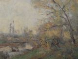 painting of a river with a bridge and a church in the distance