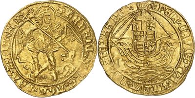 a gold coin with an image of a man holding a sword