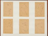six dessins représentant le visage d'une femme sont exposés dans un cadre en bois