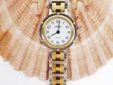 a gold and silver watch sitting on a seashell