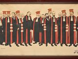 tableau représentant un groupe d'hommes vêtus de robes noires et rouges