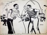 drawing of a man and a woman talking to each other in front of a building