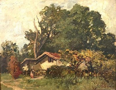 painting of a house in a field with a woman and a horse