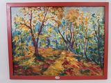 an oil painting of trees in a forest with a red frame