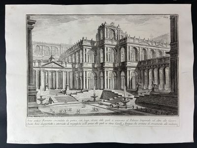 un vieux dessin représentant un bâtiment avec une fontaine devant