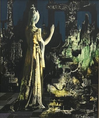an image of a painting of a woman standing in front of a building