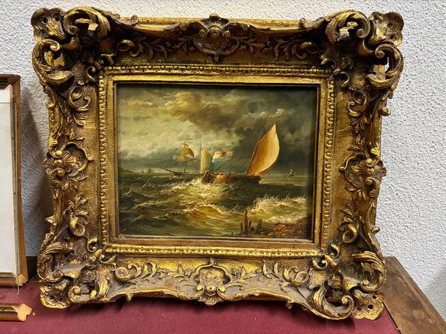 École contemporaine. « Voiliers ». Huile sur panneau. Signée en b