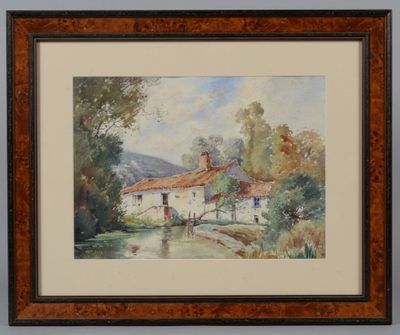 an image of a watercolor painting of a house by a river