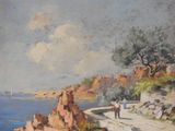 painting of two people walking on a path by the water