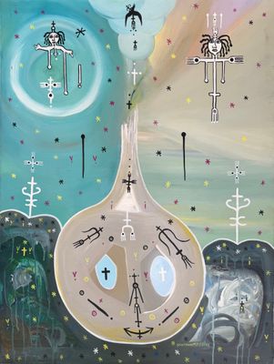 un tableau représentant un objet à l'aspect étrange au milieu d'un champ