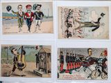 several old postcards of cartoon characters are displayed on a refrigerator