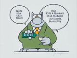 dessin humoristique représentant un chat en costume tenant une bouteille et un verre de vin