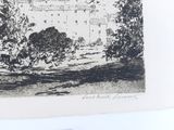 a black and white drawing of a castle in the woods