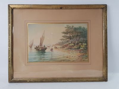 painting of a boat on the water with people on the shore