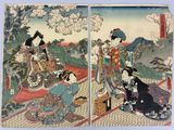 two panels of a painting of women sitting on a bench