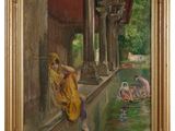 une peinture à l'huile représentant une femme assise sur un rebord au bord d'un plan d'eau