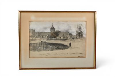 l'image d'un tableau représentant un village avec une église à l'arrière-plan
