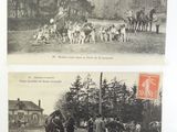 two old black and white photos of people and horses in a field
