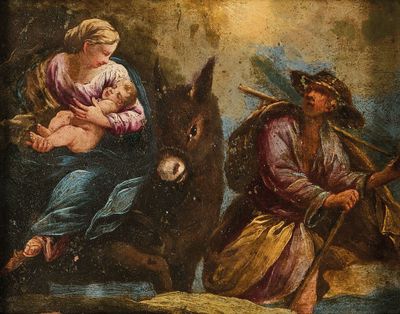 une image représentant un tableau où l'on voit une femme tenant un bébé dans ses bras et un homme assis sur un âne