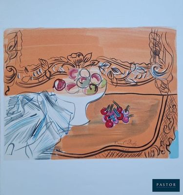 une peinture représentant une coupe de fruits sur une table