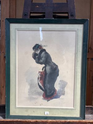 tableau représentant une femme en robe noire tenant un parapluie rouge