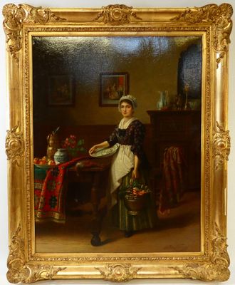 un vieux tableau représentant une femme tenant un plateau avec de la nourriture