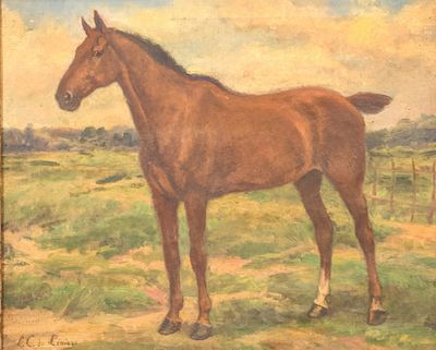 painting of a brown horse standing in a field with a fence in the background