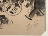 drawing of a group of people sitting around a table with a plate of food