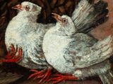 painting of two white doves sitting on a table next to a basket