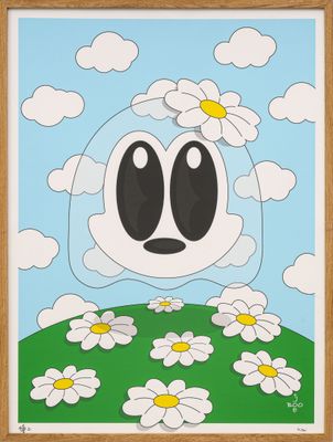 a painting of a cartoon cow with daisies on a hill
