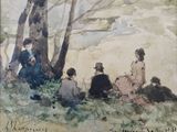 une peinture représentant un groupe de personnes assises sous un arbre