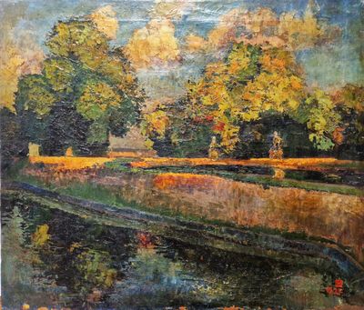 une peinture à l'huile représentant un paysage avec des arbres et une rivière