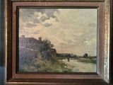 une peinture à l'huile représentant un homme marchant sur un chemin de terre
