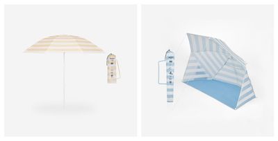 two pictures of a blue and white striped umbrella and a blue and white striped umbrella