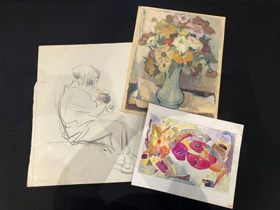 three drawings of a woman sitting in front of a vase of flowers