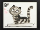 a painting of a cat that is sitting on a table