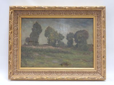 une peinture à l'huile d'un paysage avec des arbres dans un cadre doré